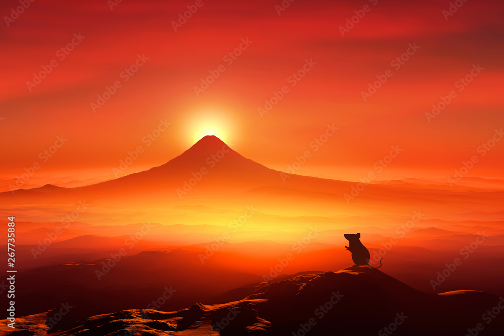 富士山の日の出とネズミのシルエット