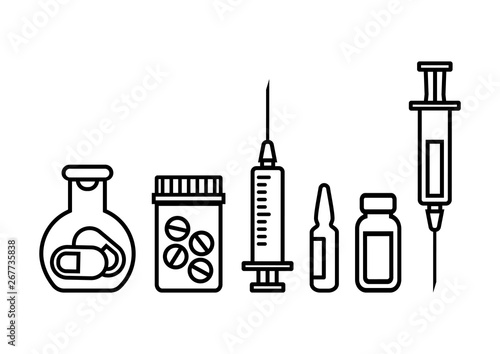 Medicine bottles with pills, syringe for injection with vaccine, ampoule and vial of medicine. Black outline design. Vector illustration