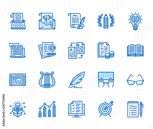 Copywriting flat line icons set. Writer typing text, social media content, e-mail newsletter, creative idea, typewriter vector illustrations. Writing thin signs. Pixel perfect 64x64. Editable Strokes