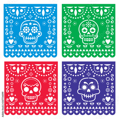 Papel Picado design with sugar skulls, Mexican paper cut out pattern collection - Halloween, Dia de Los Muertos, Day of the Dead celebration
