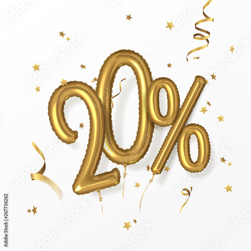 Gold realistic number 20% shaped helium balloons for sale banner. 3D foil balloon of percent discount for flyer and poster with special offer. Vector illustration with star confetti and golden ribbon.