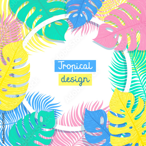 Tropical Flowers and Palms Summer Background with copy space. Flat style illu...