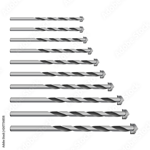Realistic 3d Detailed Metallic Drill for concrete for perforator Bits Set Tools for Construction Work, Drilling Hole.