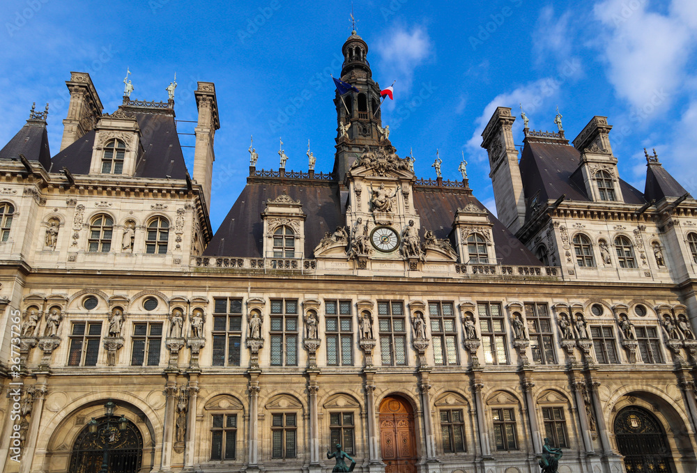 Beautiful facade of historic building of Paris France. April 2019