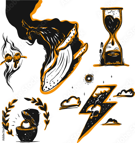 Happy Halloween. Collection of creepy pictures for halloween decorations, doodle silhouettes, halloween, silhouettes, sketch, icon, sticker. Hand drawn vector illustration. 