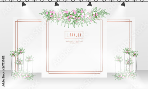 Wedding backdrop design template with white and rose gold color theme.