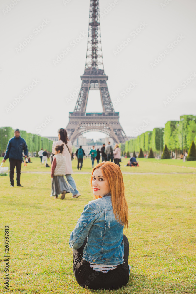 Paris vacation, vintage fashion style . Woman at France. Stylish beautiful modern lady in city