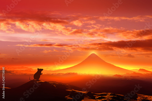 富士山の日の出とネズミのシルエット
