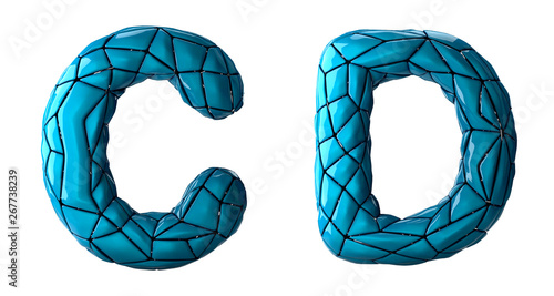 Realistic 3D letters set C, D made of low poly style. Collection symbols of low poly style blue color plastic isolated on white background