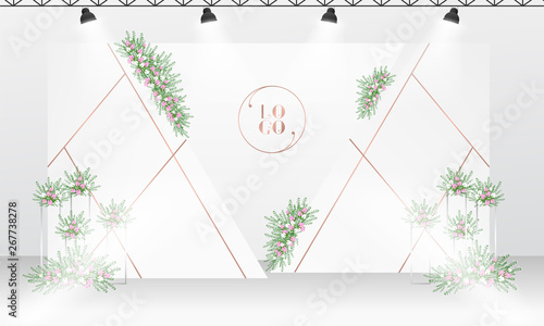 Wedding backdrop design template with white and rose gold color theme.