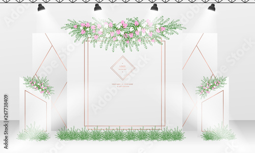 Wedding backdrop design template with white and rose gold color theme.