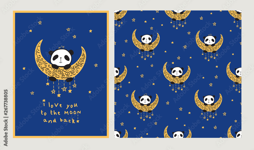 Naklejka premium I love you to the moon and back. Set of Greeting card with heart and cute pandas on the moon. Seamless pattern for gift wrap, textile or book covers, wallpapers and scrapbook. Vector.