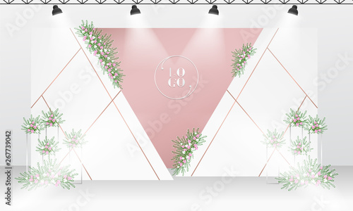 Wedding backdrop design template with white and rose gold color theme.