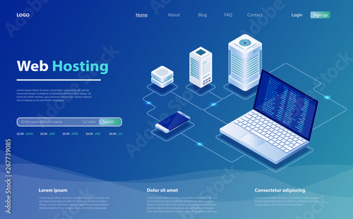 Concept of server hosting. Big data flow processing concept, cloud database. Hosting server isometric vector illustration. 