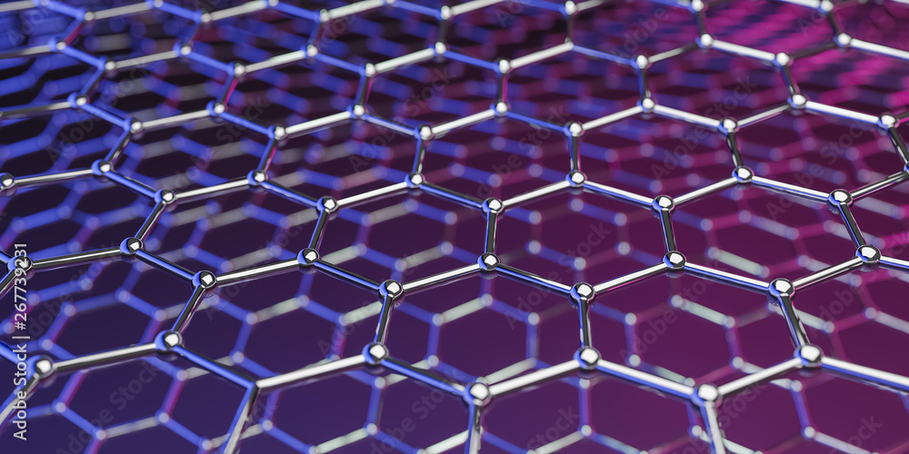 Fototapeta premium Graphene molecular nano technology structure on a purple-pink background - 3d rendering
