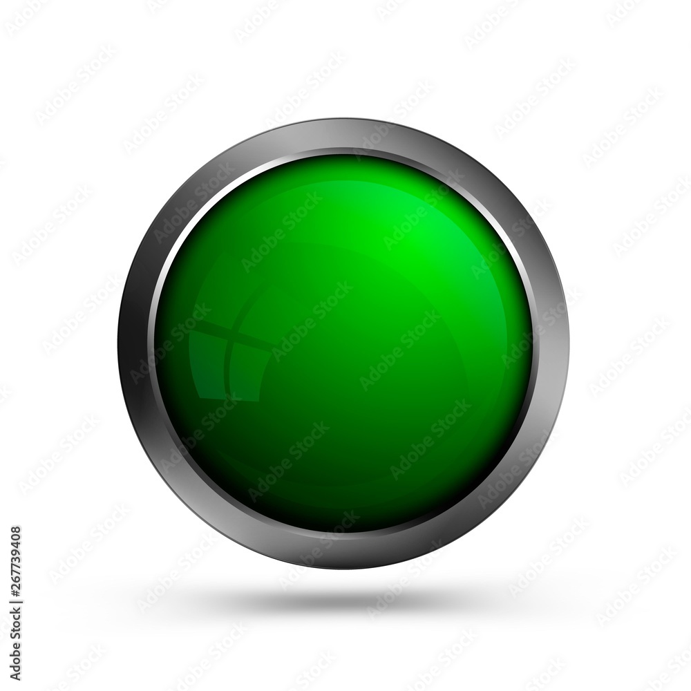 Beautiful glass button in green color. Button is round in shape with metal  frame. Design element for web ui and apps. Stock Vector