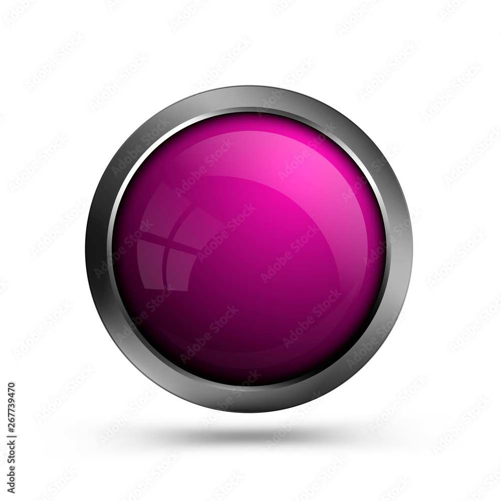 Pink glass round shape button isolated on white background. Blank vector button for ui design, web, app, game and software.