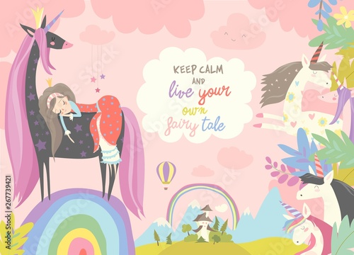 Cute cartoon princess with black unicorn.Sweet dream