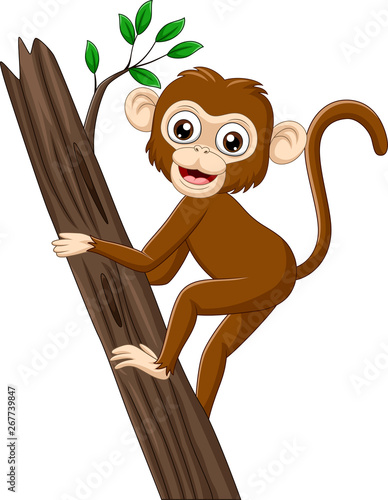 Cartoon baby monkey climbing tree branch