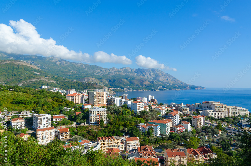 Beautiful top view of resort town of Becici on coast of Adriatic Sea, Montenegro