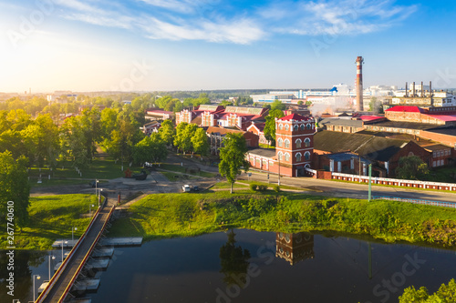 A 19th century paper mill on a river within the city of Dobrush  Belarus. Top view