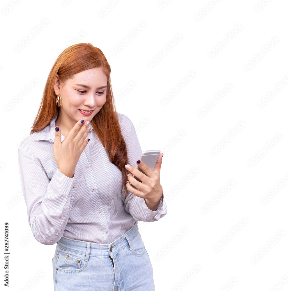 cheerful cute beautiful young Asian woman chatting with friend in social network by mobile phone ,feeling surprised isolated on white background with clipping path cheerful cute beautiful young Asian woman chatting with friend in social network by mobile phone ,feeling surprised isolated on white background with clipping path