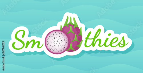 Pitaya sticker fruit smoothie shake logo set vector illustration. Vegetarian smoothies drink label with raw fruit and tag Smoothie for decoration shop sticker, promo discount or sale offer banner