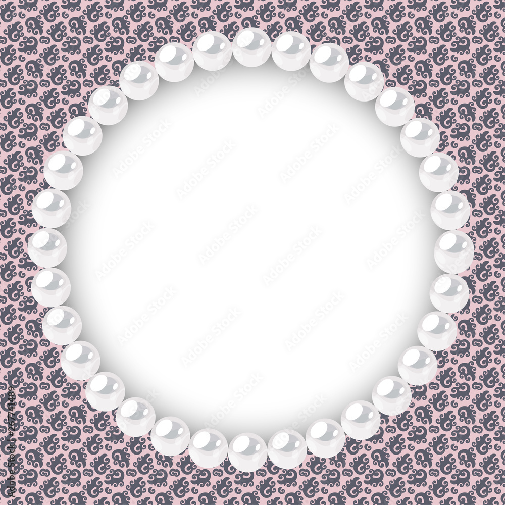 Fototapeta premium Pearl frame on textured background. Template for wedding, invitaion or greeting card. Vector illustration.