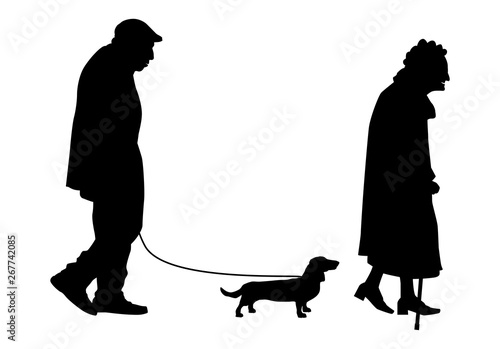Oma und Opa und Dackel spazieren Silhouette