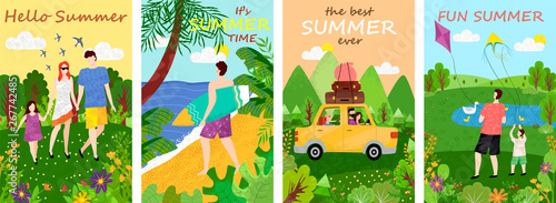 Holidays and summertime relaxation by sea vector, tropics and foliage, man and woman with kid in summer time, wind paper kites in sky, driving car loaded with baggage. Hello summer concept with text