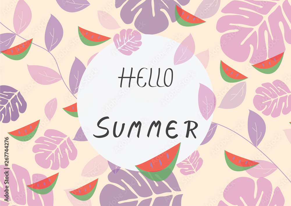 Fototapeta premium Hello Summer background,Vocation Holiday with tropical Leaves and Watermelon pattern. Design logo greeting card vector illustration