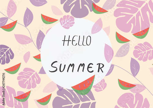 Hello Summer background Vocation Holiday with  tropical  Leaves and  Watermelon pattern. Design logo greeting card vector illustration