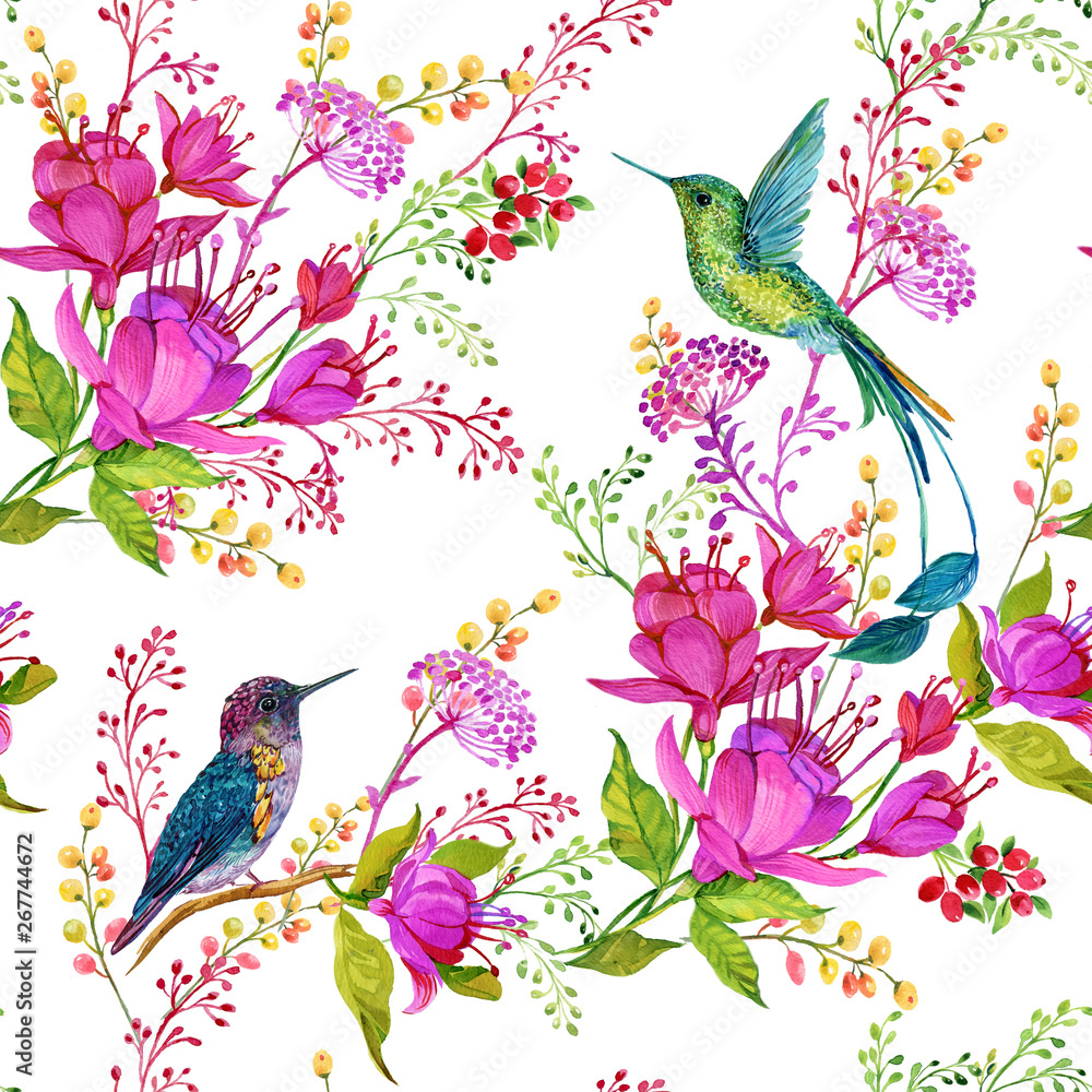 Seamless pattern for fabric,exotic hummingbirds and flowers