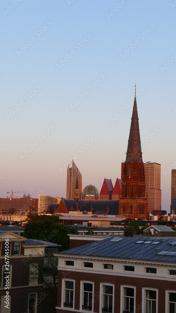 Fototapeta premium The Skyline of the City of The Hague in the evening, The Netherlands