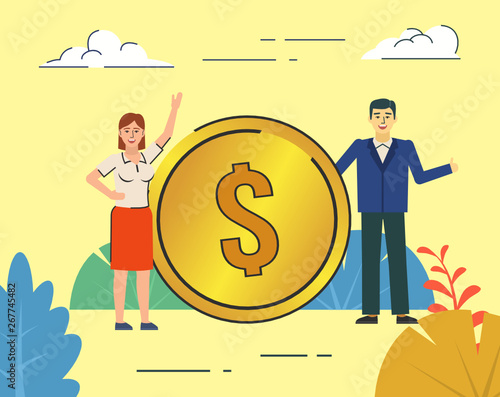 Financial success, wealth, income. Man and woman stand near big golden dollar coin. Poster for web page, banner, social media, presentation. Flat design vector illustration