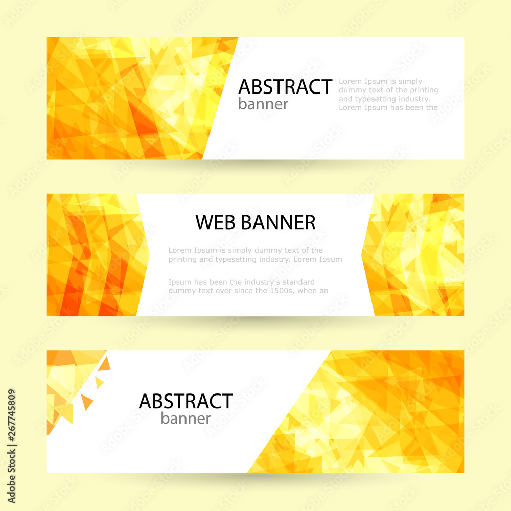 Fototapeta premium Set Horizontal summer web banner templates. Bright sun rays and triangles. Empty space under the text. Vector illustration.