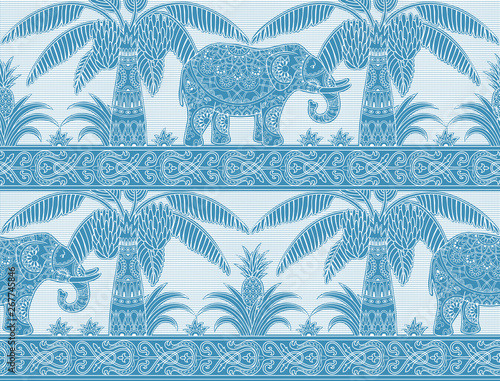 Monochrome blue Palm tree and elephant seamles pattern in ethnic retro style