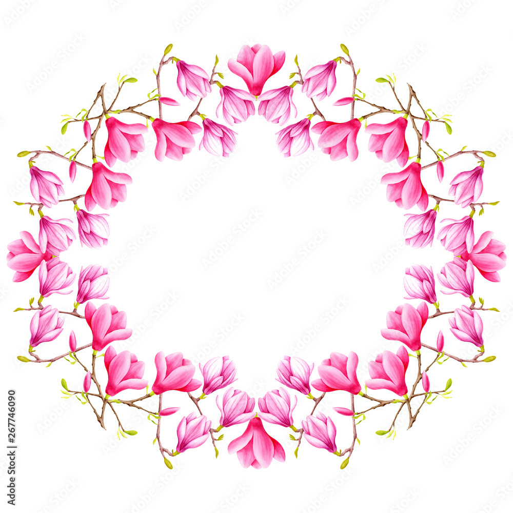 Watercolor pink magnolia flowers frame