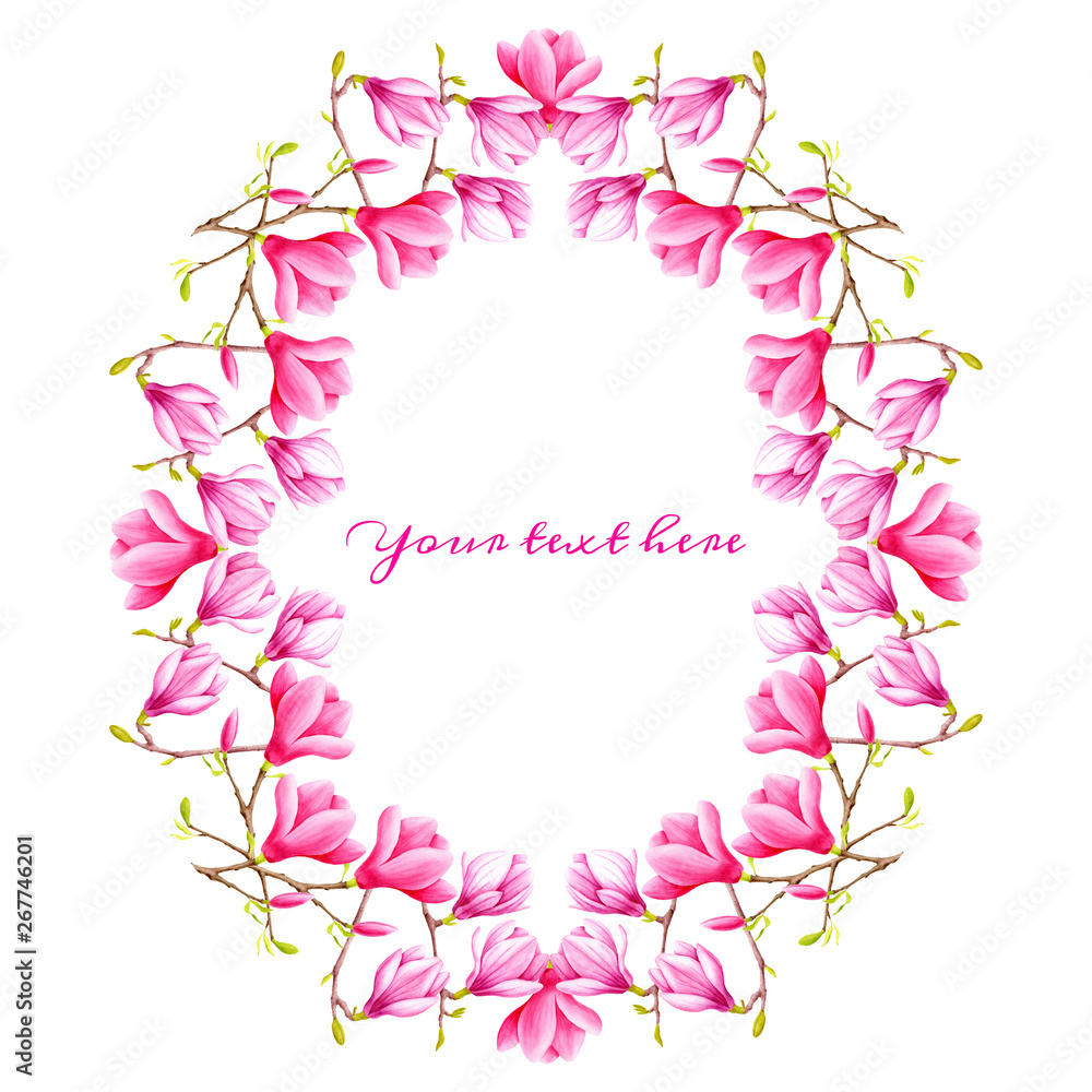Watercolor pink magnolia flowers frame on white background. Hand painted wreath border template for wedding design, invitations, save the date, greeting cards, banners Watercolor pink magnolia flowers frame on white background. Hand painted wreath border template for wedding design, invitations, save the date, greeting cards, banners