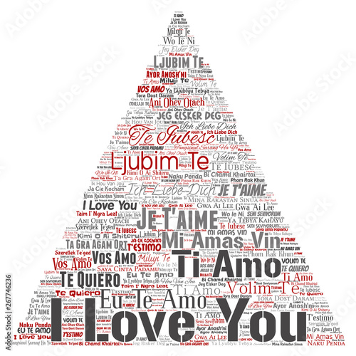 Vector conceptual sweet romantic I love you multilingual message triangle arrow word cloud isolated background. Collage of valentine day, romance affection,  happy emotion or passion lovely concept