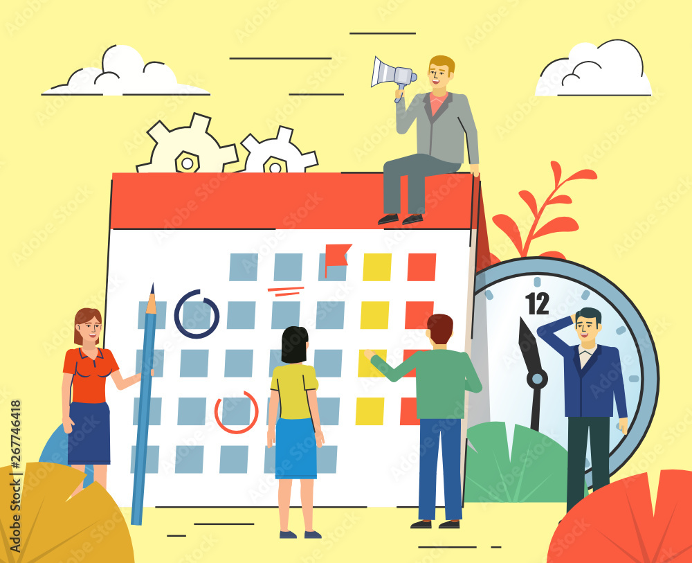 Time management, work planning concept. People stand near big calendar, watches. Poster for social media, web page, banner, presentation. Flat design vector illustration