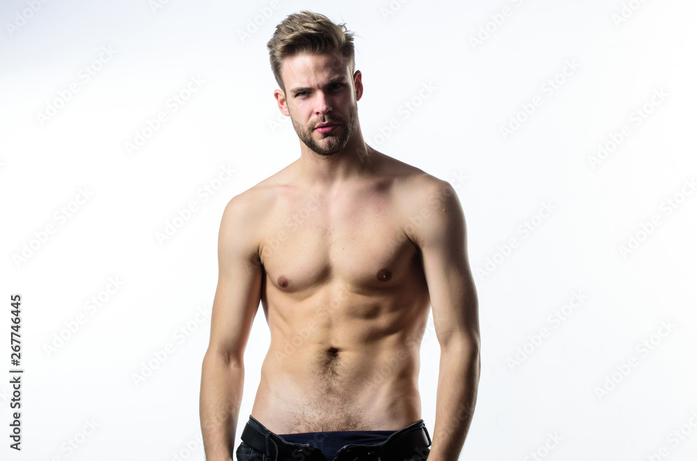 Good body. Athlete man, hair care. Muscular trainer after sport workout.  Fitness diet. Desire and temptation. Male fashion and beauty. Sexy muscular  macho. Six pack of sexy man with bare torso foto