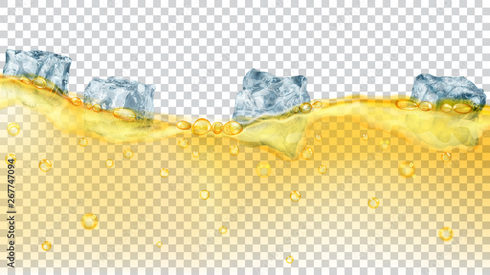 Translucent light blue ice cubes and many air bubbles floating in ...