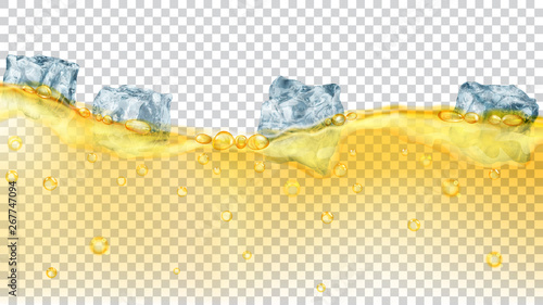 Translucent light blue ice cubes and many air bubbles floating in yellow water on transparent background. Transparency only in vector format photo