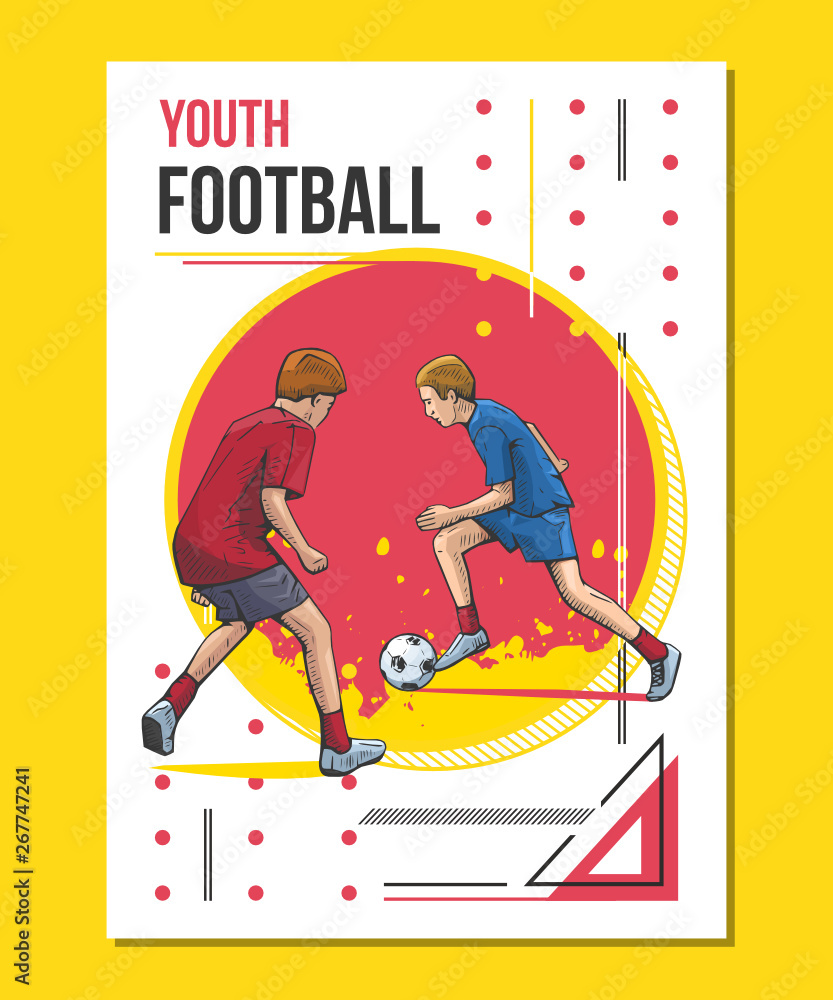 Vector illustration of teenagers, kids playing football. Bright colorful sport themed poster. Summer sports, healthy lifestyle, soccer youth league, championship.