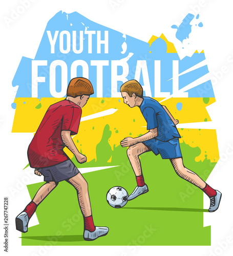 Vector illustration of teenagers, kids playing football. Bright colorful sport themed poster. Summer sports, healthy lifestyle, soccer youth league, championship.