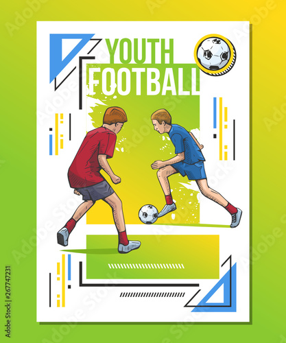 Vector illustration of teenagers, kids playing football. Bright colorful sport themed poster. Summer sports, healthy lifestyle, soccer youth league, championship.