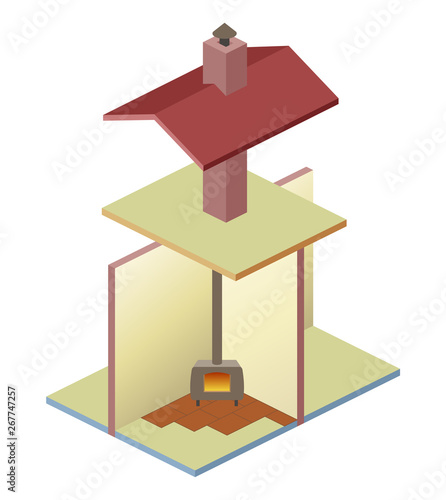 Vector scheme of Fire place and chimney. 3d building with floor, roof, walls