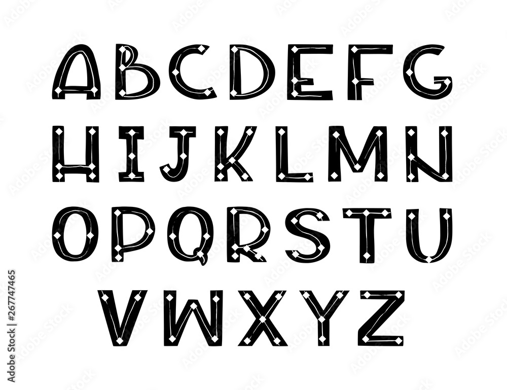 Hand drawn scandinavian art font. Black alphabet isolated on white background. Glowing letters for your design, for monograms, initials, logotypes. Vector font set.