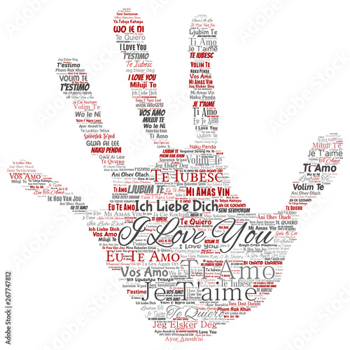 Vector conceptual sweet romantic I love you multilingual message hand print stamp word cloud isolated background. Collage of valentine day, romance affection,  happy emotion or passion lovely concept